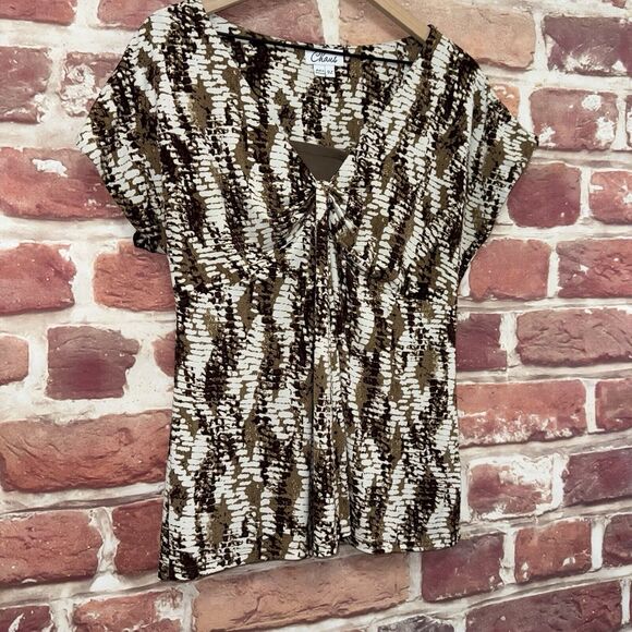 Chaus Top Shirt Women's XL Brown White Abstract Stretchy Casual Popover - Picture 2 of 8